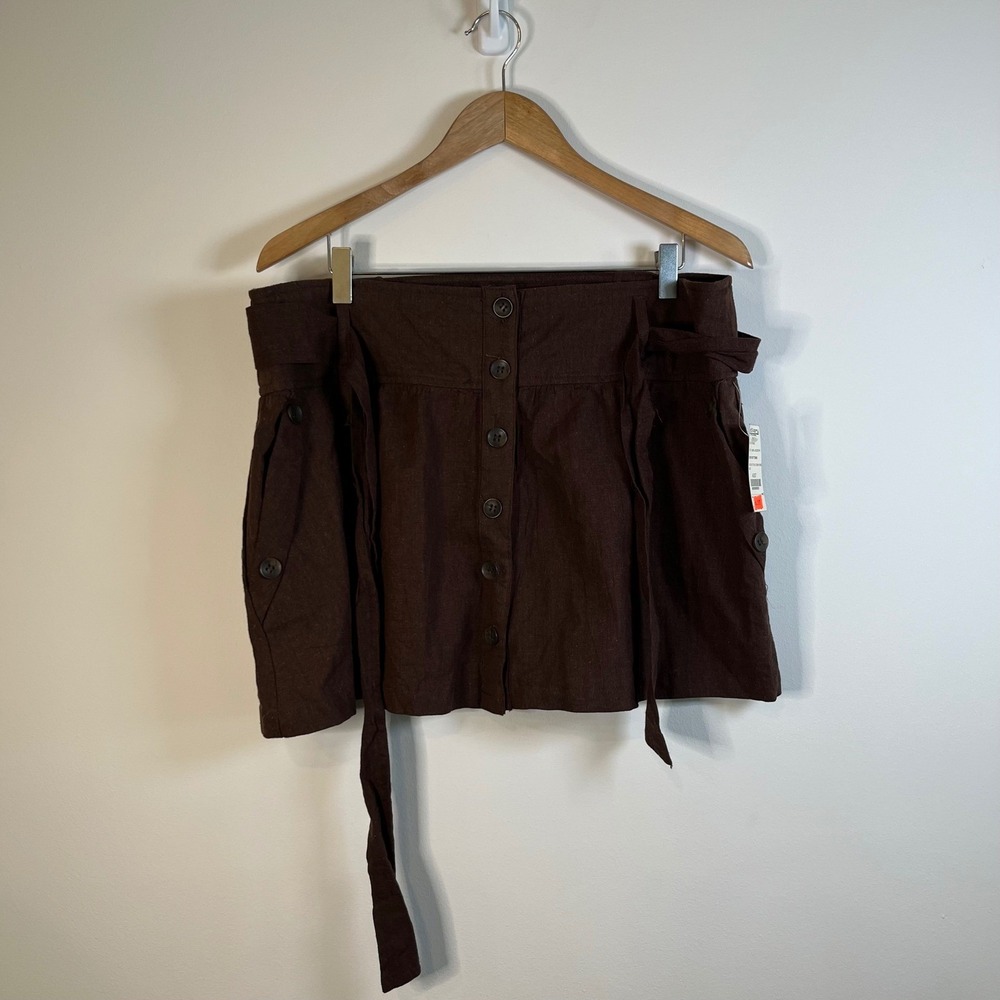 Discovery‎ Clothing Brown 100% Linen Button Front Tie Waist Mini Skirt XL